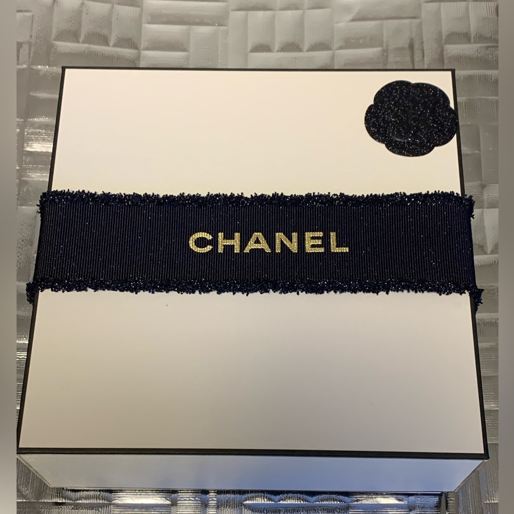 CHANEL White Gift Box & Luxurious Navy Ribbon & Camellia with Tissue Square
